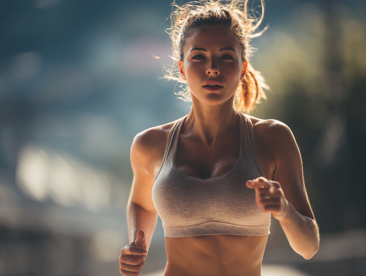 Людина виконує кардіо-вправи на свіжому повітрі, демонструючи правильну техніку дихання та розміреність рухів для підтримки здорового серцевого ритму