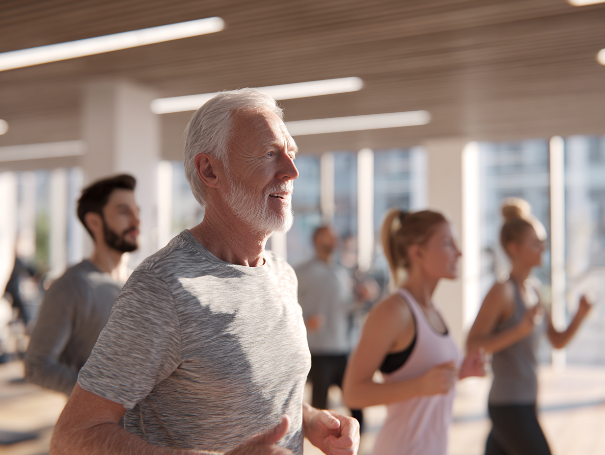 Група людей різного віку виконує легкі кардіо-вправи в спортивному залі під наглядом тренера, демонструючи безпечний та поступовий підхід до тренувань