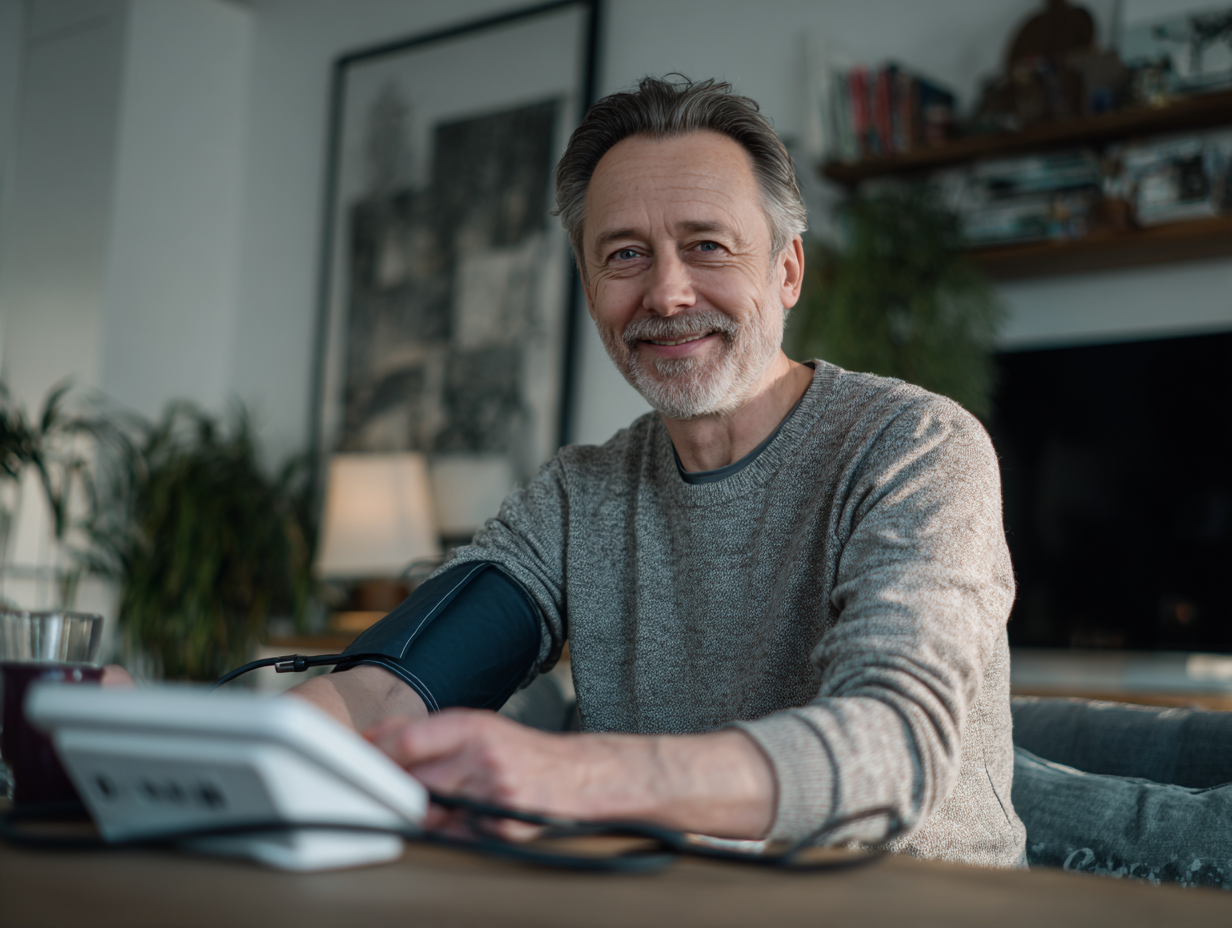 Щаслива людина середнього віку перевіряє показники тиску після тренування, демонструючи задоволення від досягнутих результатів та покращення здоров'я